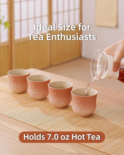 ZENS Japanese Tea Cups Set of 4 – 210ml Ceramic Handleless Tea Cups, Embossed - Image 6