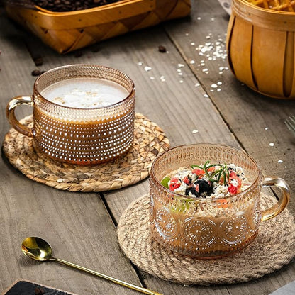 Gezzeny Vintage Coffee Mugs 14 Oz Set of 2 Amber Embossed Glass Tea Cups - Image 2