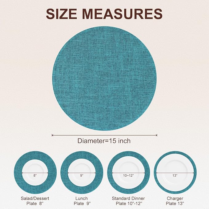 homing 15 Inch Round Cloth Placemats Set of 6, Cotton Linen Blend Washable Table Mats, Farmhouse Dining Place Mats for Indoors & Outdoors, Easy to Clean, Teal