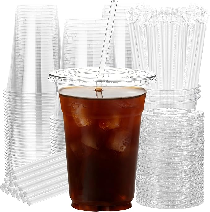 16oz 50 Pack Plastic Cups with Lids and Straws | Cold Drinking Disposable Cups by NewCupNewLife-cundao