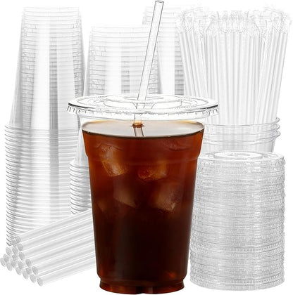 16oz 50 Pack Plastic Cups with Lids and Straws | Cold Drinking Disposable Cups by NewCupNewLife-cundao