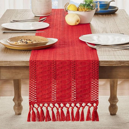 Macrame Style Boho Table Runner, 12x36 Inch Red | Woven Boho Table Runner - Image 2