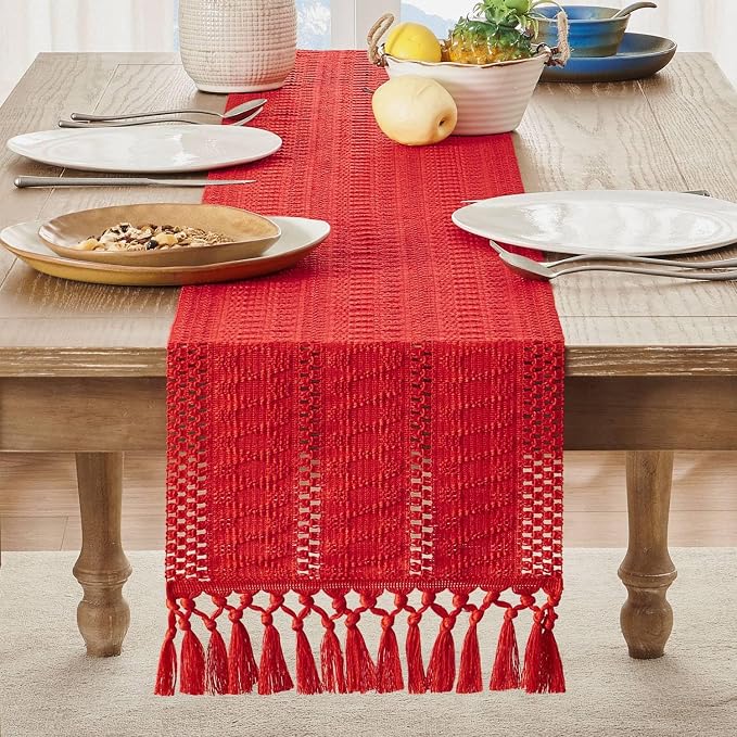 Macrame Style Boho Table Runner, 12x72 Inch Red | Woven Boho Table Runner - Image 2