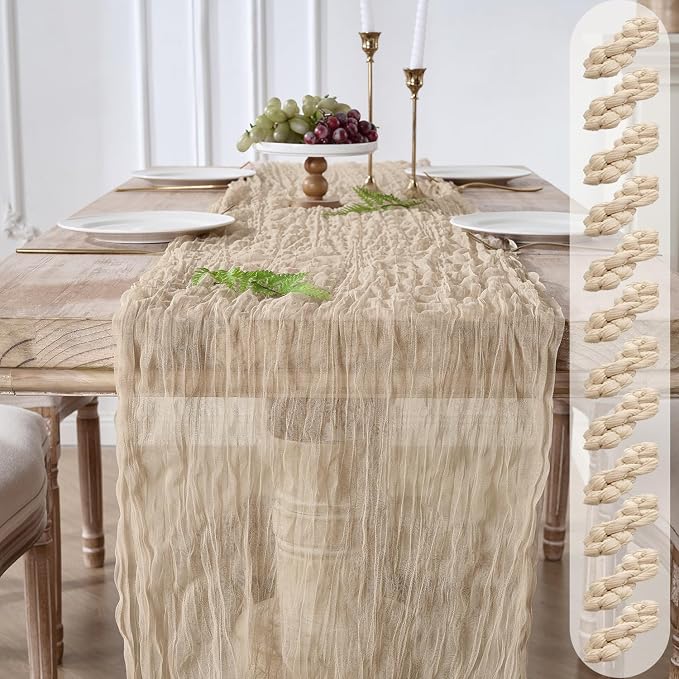 12 Pack Tan Beige Cheesecloth Table Runners, 120 Inch 10Ft Gauze Table Runner by YARGEZON