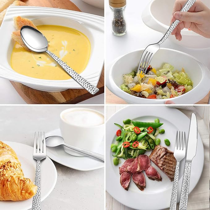 LIANYU 50-Piece Silverware Set for 10, Stainless Steel Flatware Set, Hammered - Image 3