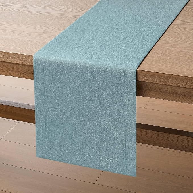 Linen Textured Border Table Runner, 14 x 48 Inch Blue | Mitered Corner Design - Image 7