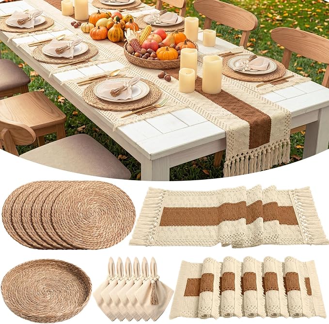 6 Sets Boho Decoration Placemats Round Woven Placemats, Cloth Napkins, Wood by Gandeer