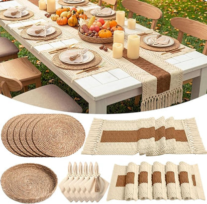 6 Sets Boho Decoration Placemats Round Woven Placemats, Cloth Napkins, Wood by Gandeer