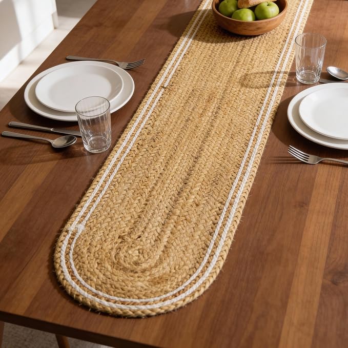 Encasa XO Handwoven Jute Table Runner, Center Table 12"x54" Off White & Jute by EncasaXO
