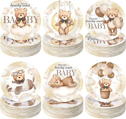 60 Pcs Bear Baby Shower Decorations 7 Inch Brown Bear Paper Plates We Can Wait Party Supplies Gender Reveal Plates for Brown Baby Shower Birthday Party