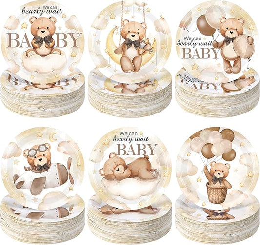 60 Pcs Bear Baby Shower Decorations 7 Inch Brown Bear Paper Plates We Can Wait Party Supplies Gender Reveal Plates for Brown Baby Shower Birthday Party