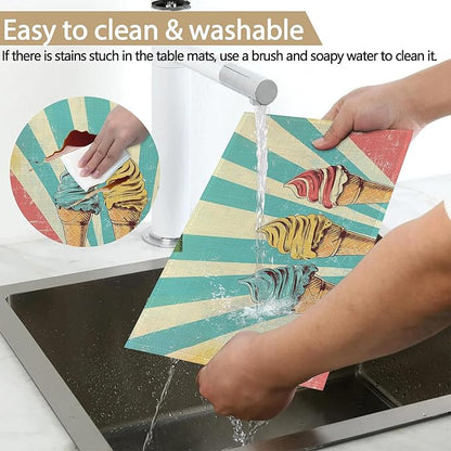 Vintage Ice Cream 12x18 Inch Placemats Set of 6 - Waterproof, Non-Slip & Washable Table Mats for Kitchen & Dining Table Placemats