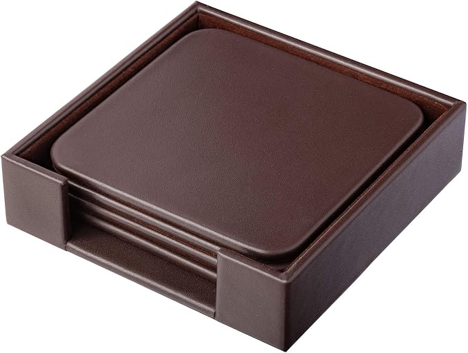 Chocolate Brown Genuine Leather 4" Round Coaster Set - Image 5