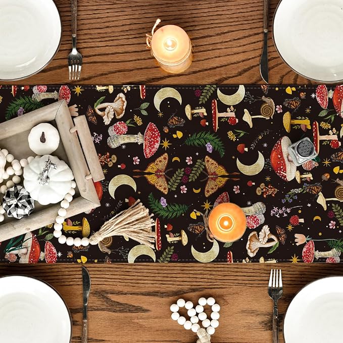 Artoid Mode Black Modern Mushroom Fall Table Runner, Seasonal Botanic Farmhouse - Image 4