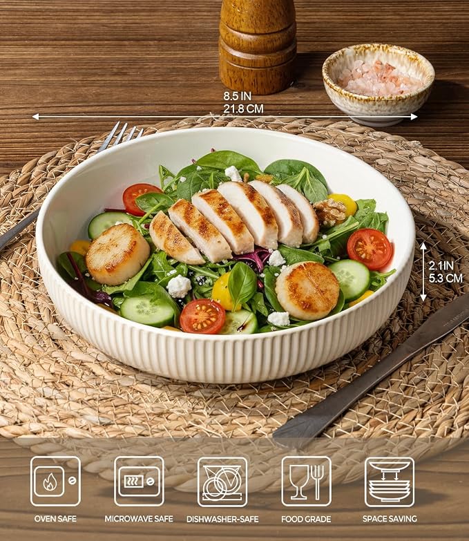 8.5" Ceramic Pasta Bowls Set of 4, Salad Bowls | Versatile Serving Bowls - Image 2
