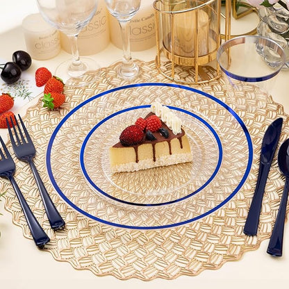 BESTSTAR 200PCS Blue and Clear Plastic Plates, Blue Disposable Plate Set with 100 Dinner Plate and 100 Dessert Plates for Party, National Day