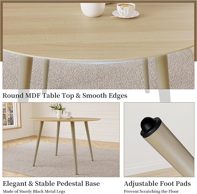 43.3 Inch Round Dining Table Set for 4, Modern Small Kitchen Coffee Set for Dining Room Kitchen Apartment (Cream Table + 4 Brown Chairs)