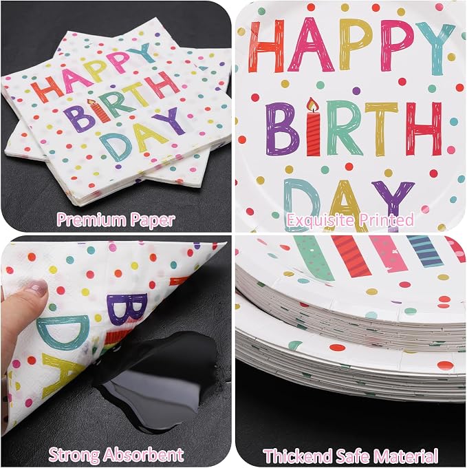 60PCS Birthday Plates and Napkins Set, Serve 20 | Rainbow Dot Party Supplies - Image 3