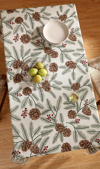 ISAENNE Designer Christmas Beige Linen Small Square Tablecloth,Pinecones Pattern Indoor Tablecloths,Washable Decor Table Cloth for Dining Thanksgiving Kitchen Christmas,55"*55"-Carol B