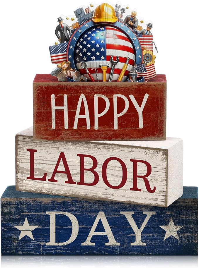 Moucuny 4 Pcs Labor Day Table Decoration Patriotic Worker Wooden Stacked Block by Moucuny