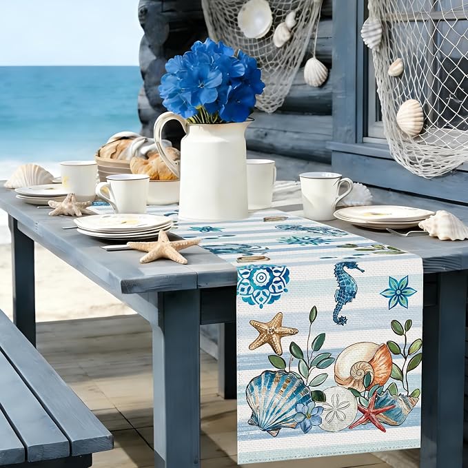 Summer Ocean Beach Shells Table Runner Watercolor Sea Turtle Burlap Table - Image 5