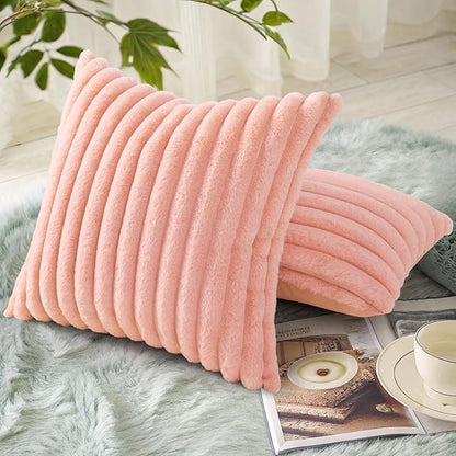 decorUhome Cozy Faux Fur Throw Pillow Covers 18x18 Set of 2 Decorative Plush Striped Modern Farmhouse Boho Couch Pillow Cases with Velvet Back for Sofa Bed Living Room Valentines, Blush Pink