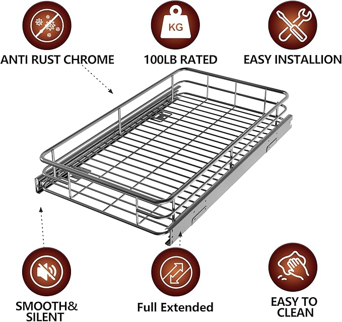 Pull Out Cabinet Organizer (13.4" W x 21" D), Put Out Shelves for Kitchen Cabinets, Roll Out Drawers Heavy-Duty Metal Sliding Shelf, Bottom Mount