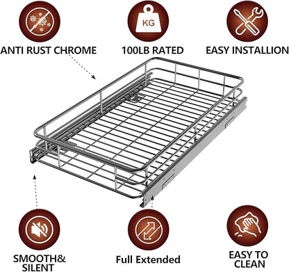 Cabinet Pull Out Shelves (14" W x 21" D), Heavy-Duty Pull Out Shelves for Kitchen Cabinets, Chrome-Plated Steel Slide Out Shelf