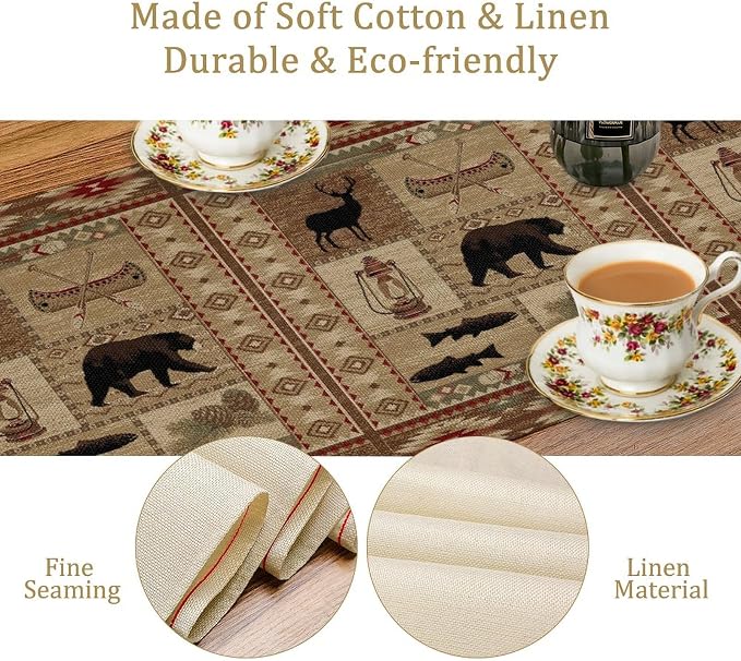 Vintage Rustic Cabin Bear Table Runner, Cottage Country Style Pine Tree Elk - Image 5