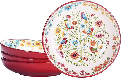 Bico Red Spring Bird Pasta Bowls, 35oz Salad Bowl Set of 4, Large Ceramic by Bico