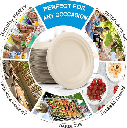 Disposable Plates 100% Compostable Heavy Duty - 9 Inch paper plates bulk for Party, Dinner, Cake, Dessert, Snacks Eco-Friendly Brown