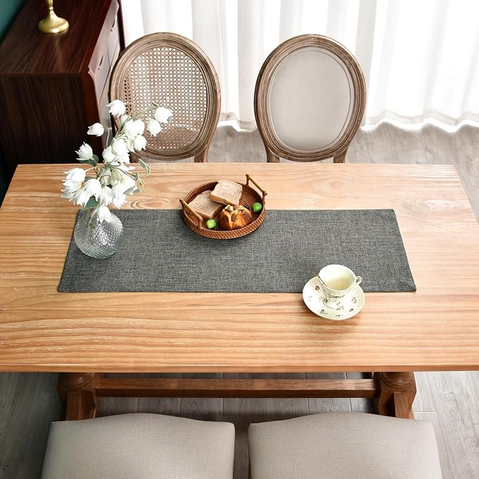 NEWISHER Farmhouse Rustic Faux Linen Dark Grey Table Runner 13x36inch | Dark - Image 4