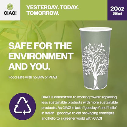 CIAO! 20oz Paper Hot Cup, Rooted Olive Print, (Case of 600)