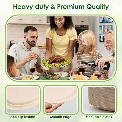 100pc Disposable Oval Paper Plates, 12.5" Biodegradable Compostable Heavy Duty Bagasse Platters Eco-Friendly Sugarcane Plates for BBQ, Party, Picnic - Natural Pulp