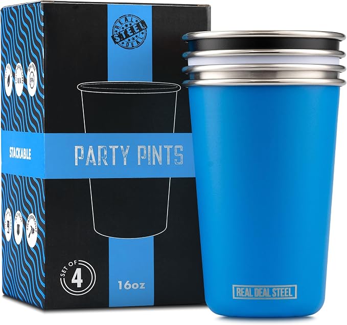Real Deal Steel Party Pints: 16 oz Pint Cups, Stackable Tumblers, Eco Friendly by RDS