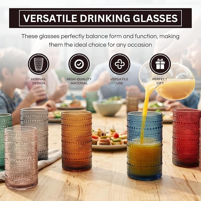 Khen Beaded Highball Tumbler Drinking Glasses Set | Set of 6 | Vintage Hobnail - Image 4
