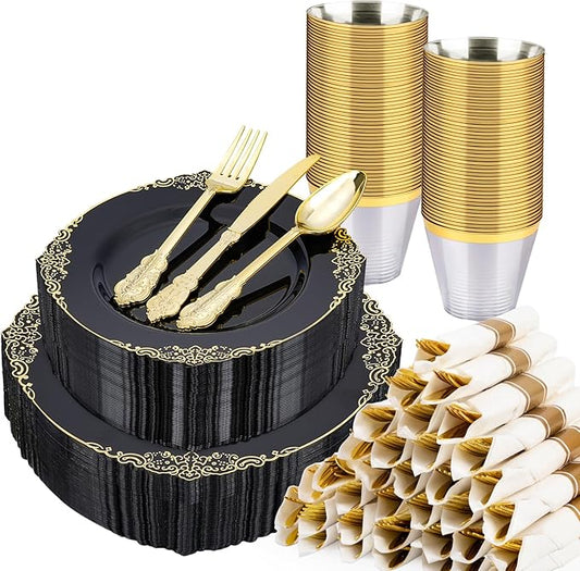 350 PCS Black and Gold Plastic Plates, Plastic Dinnerware Set for 50 Guests, 100 Disposable Plates, 150 Silverwares, 50 Cups, 50 Napkins for Party, Wedding, Graduation