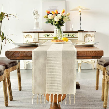 Wracra Linen Table Runner, Stripe Table Runners 108 Inches Long Light Coffee - Image 4