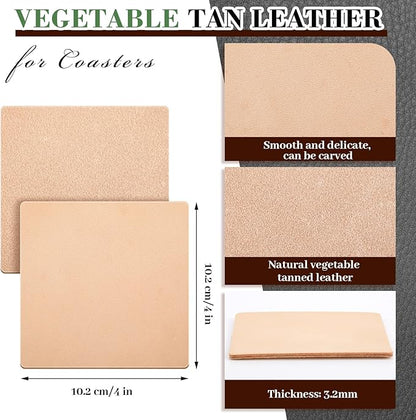 Bulyoou 50 Pack 4" Square Veg Tan Leather Crafts Tooling Vegetable Leather for Coasters Tooling Stamping Carving Dyeing Laser Embossing, Thickness 3.2 mm