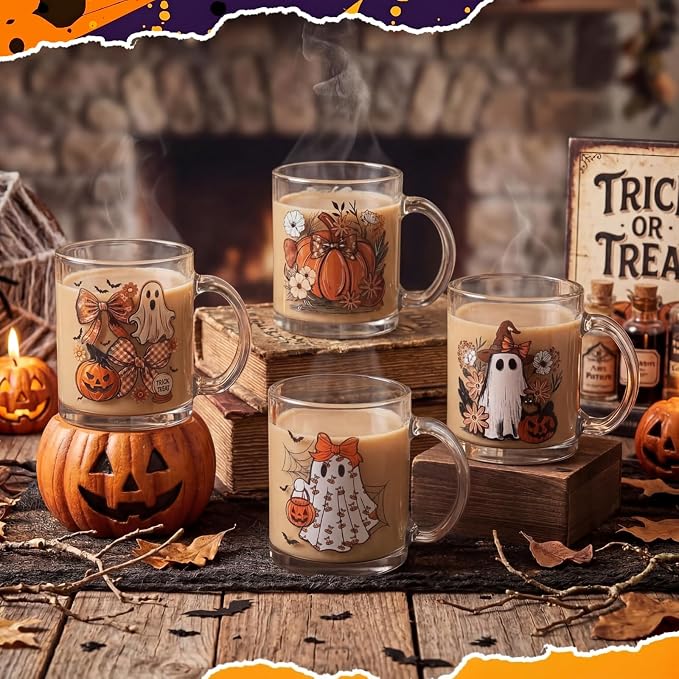 Tioncy 4 Pcs Halloween Ghost Coffee Mugs 12 oz Pumpkin Glass Cups - Image 6