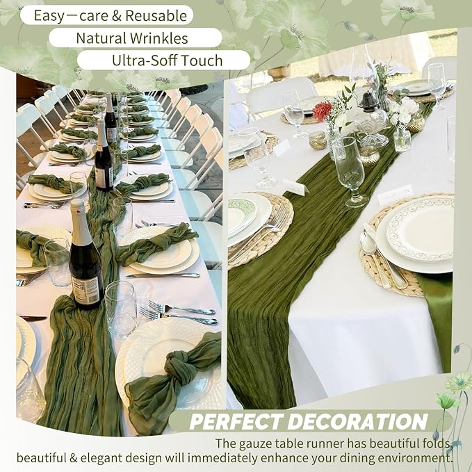 Showgeous 18 Pack Olive Green Cheesecloth Table Runner, 17 x 108 Inches | Boho - Image 6