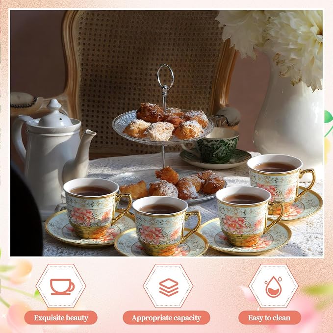 6 Pcs 3 oz Mini Vintage Floral Tea Cups and Saucers Set, Christmas Halloween - Image 5