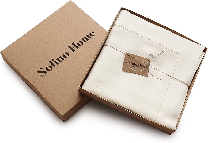 Solino Home Linen Tablecloth 60 x 120 Inch - Classic Hemstitch 100% Pure Linen Ivory Table Cloth for Rectangle Tables - Machine Washable Tablecloth for Spring, Easter