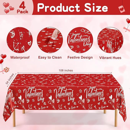 QZYL 4 PCS Valentines Plastic Tablecloths, 54" X 108" Love Heart-Shaped Tablecloths, Disposable Red Valentines Decorations, Rectangle Romantic Galentines Party Favors for Wedding Anniversary Supplies