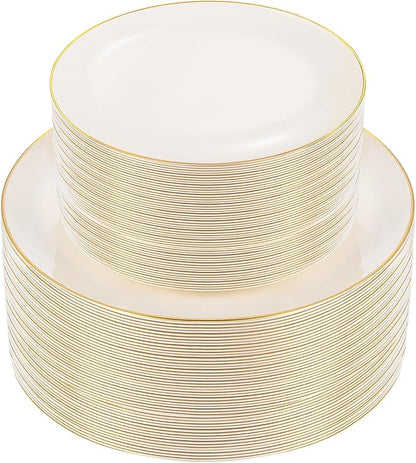 PULOTE 100PCS Ivory Plastic Plates - Cream Plastic Disposable Heavy Duty for Party & Wedding - Include 50 Each (Dinner & Dessert) Plates