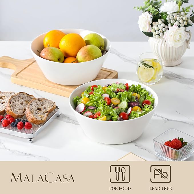 MALACASA 105 OZ Large Serving Bowls Ceramic Salad Soup Bowls Set of 2 | Deep - Image 3