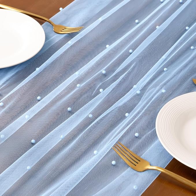 Pearl Table Runner Summer Tulle Gauze Sheer Wedding Party Home Decor | Blue - Image 5