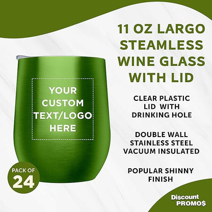 Custom Stemless Wine Glass Tumblers with Lids by Largo 11 oz. Set of 24, Personalized Bulk Pack - Perfect for Wine, Cocktails, Other Hot & Cold Beverages - Lime Green
