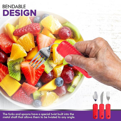 3 Piece Super Easy Grip Red Flatware Set - Bendable Built Up Large Fork, Knife, and Spoon - Red