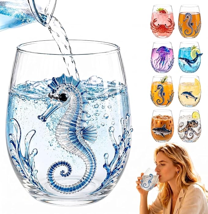 Blue Sea Horse 3D Ocean Glass, Artistic Handcrafted Wine Glasses | Novelty by Unknown